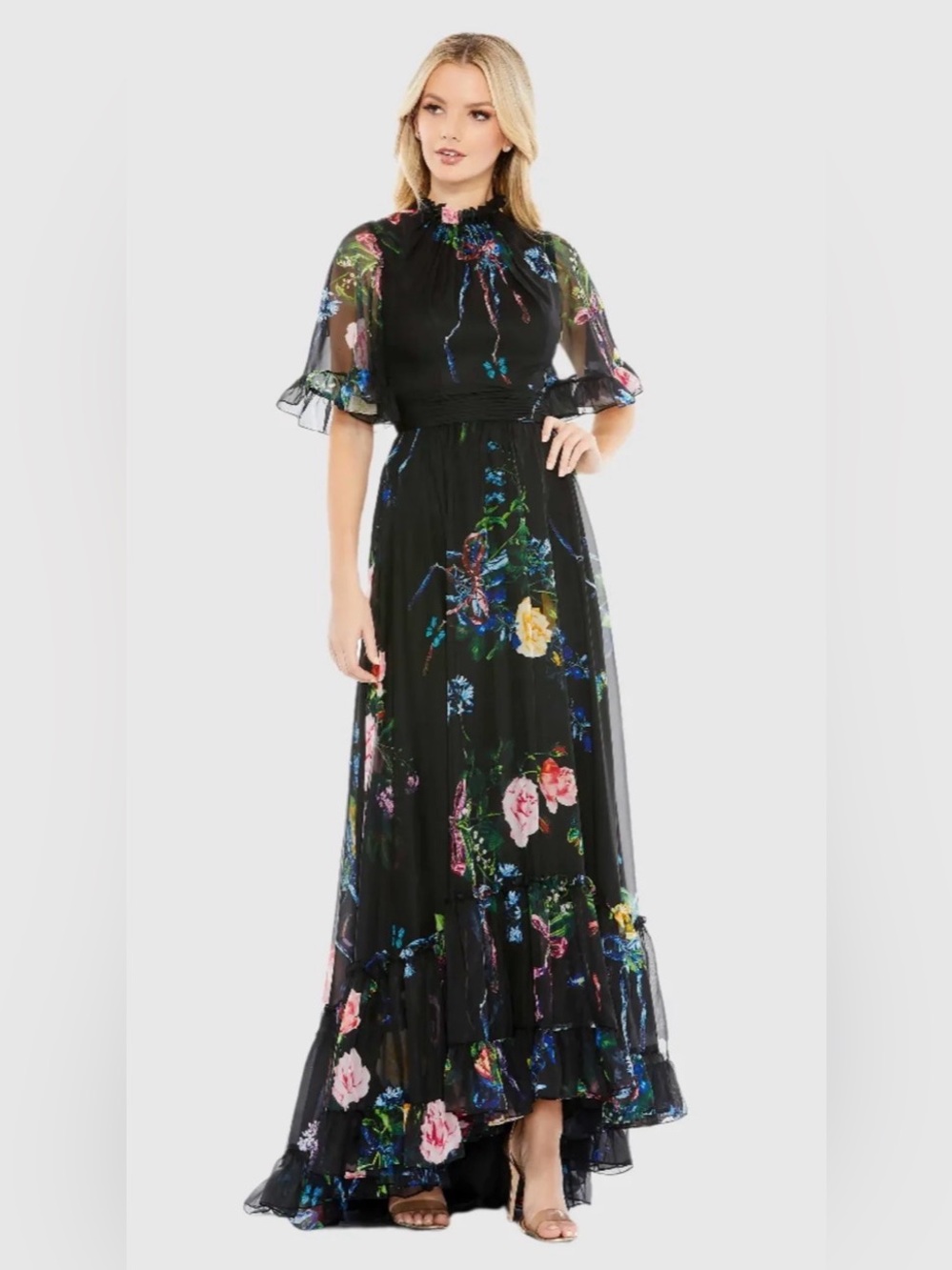 Mac Duggal Floral Chiffon Ruffled High Low Gown Black Multi Sz 8 #68230